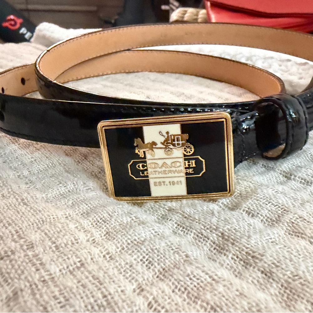 Coach Black Patent Leather Belt with Gold Logo Plaque